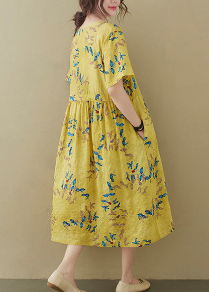 Yellow Drawstring Tie Waist Long Dress Summer Ada Fashion