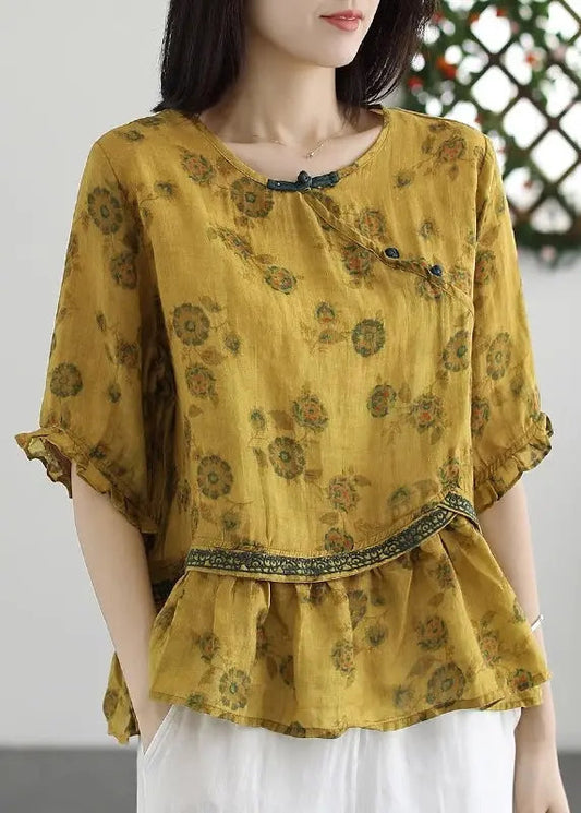 Yellow Embroideried Wrinkled Patchwork Cotton Tops O Neck Summer Ada Fashion