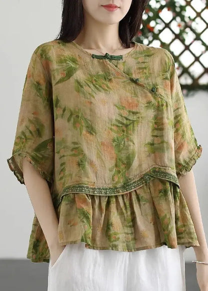 Yellow Embroideried Wrinkled Patchwork Cotton Tops O Neck Summer Ada Fashion