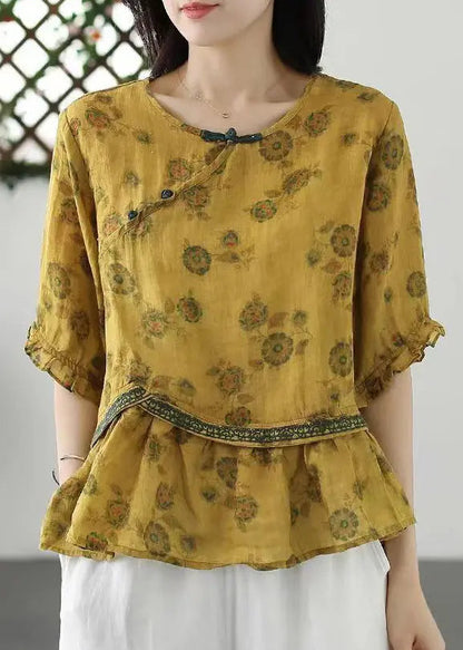 Yellow Embroideried Wrinkled Patchwork Cotton Tops O Neck Summer Ada Fashion