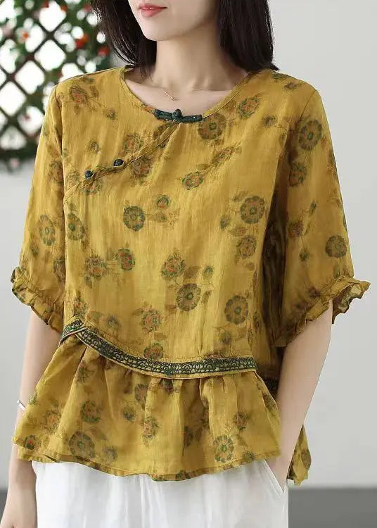 Yellow Embroideried Wrinkled Patchwork Cotton Tops O Neck Summer Ada Fashion