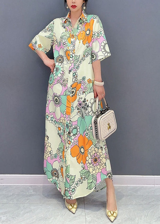 Yellow Floral Patchwork Long Cotton Dresses Peter Pan Collar Summer LC0350 - fabuloryshop