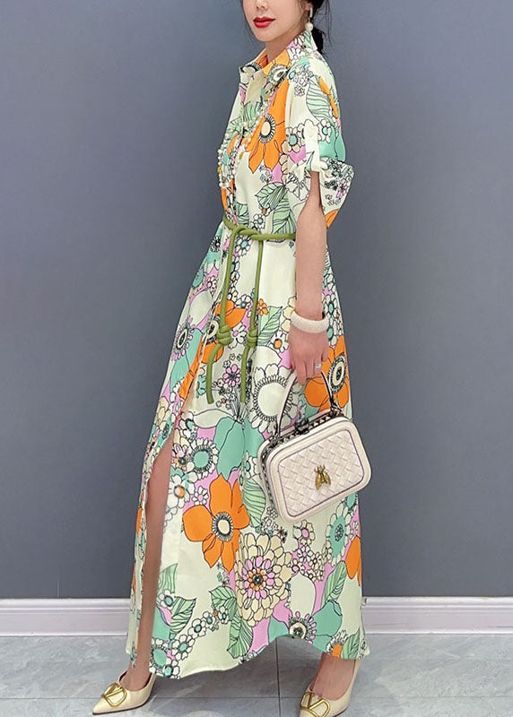 Yellow Floral Patchwork Long Cotton Dresses Peter Pan Collar Summer LC0350 - fabuloryshop