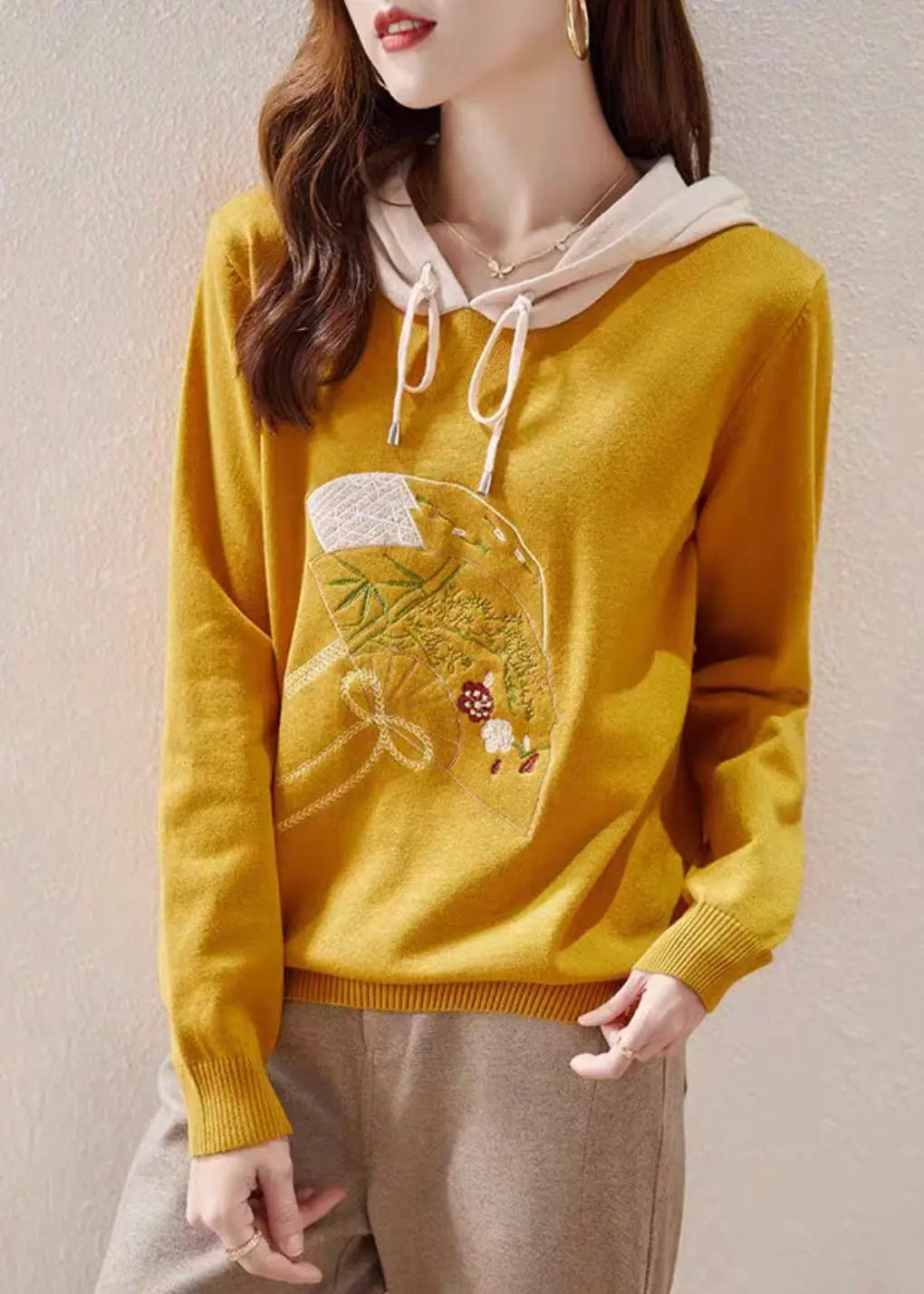 Yellow Lace Up Patchwork Knit Embroideried Long Sleeve Ada Fashion