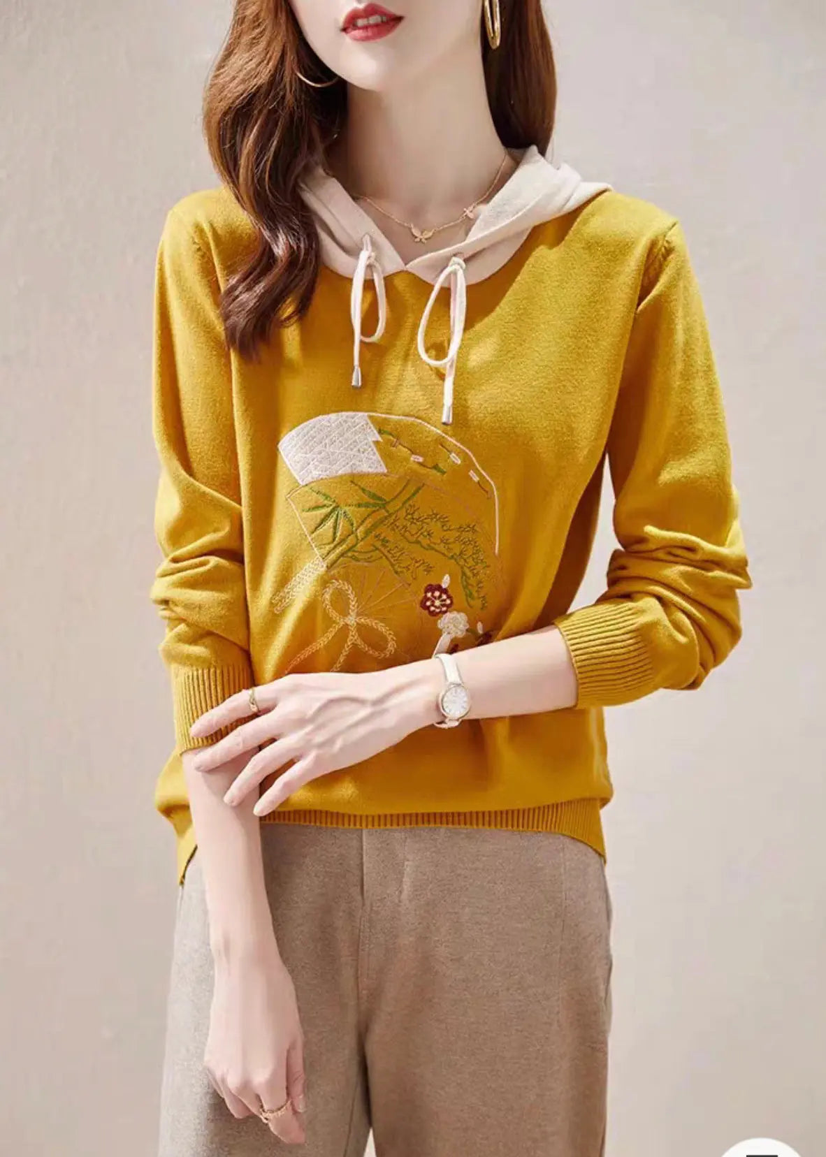 Yellow Lace Up Patchwork Knit Embroideried Long Sleeve Ada Fashion