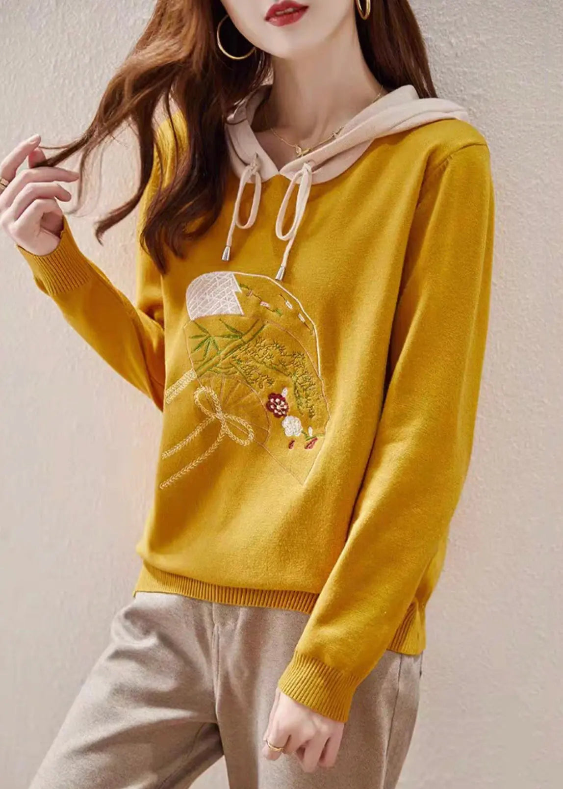 Yellow Lace Up Patchwork Knit Embroideried Long Sleeve Ada Fashion