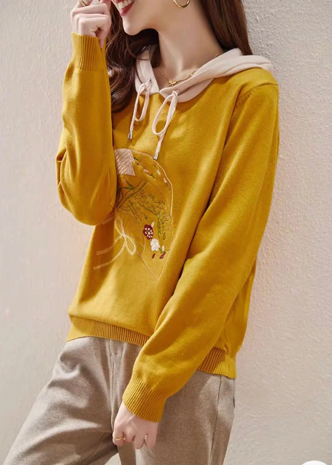 Yellow Lace Up Patchwork Knit Embroideried Long Sleeve Ada Fashion