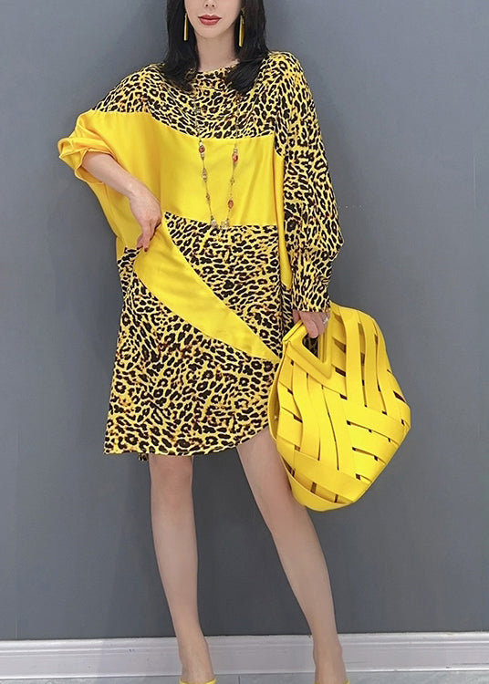 Yellow Leopard Patchwork Long Dresses Long Sleeve LC0297 - fabuloryshop