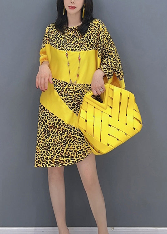 Yellow Leopard Patchwork Long Dresses Long Sleeve LC0297 - fabuloryshop