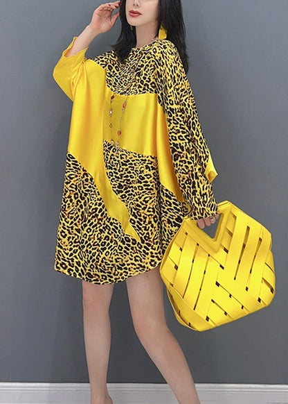 Yellow Leopard Patchwork Long Dresses Long Sleeve LC0297 - fabuloryshop