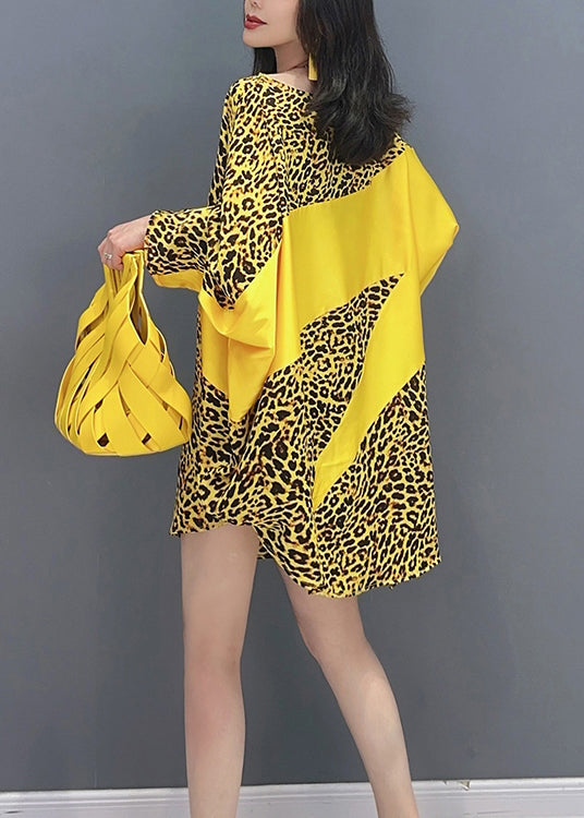 Yellow Leopard Patchwork Long Dresses Long Sleeve LC0297 - fabuloryshop