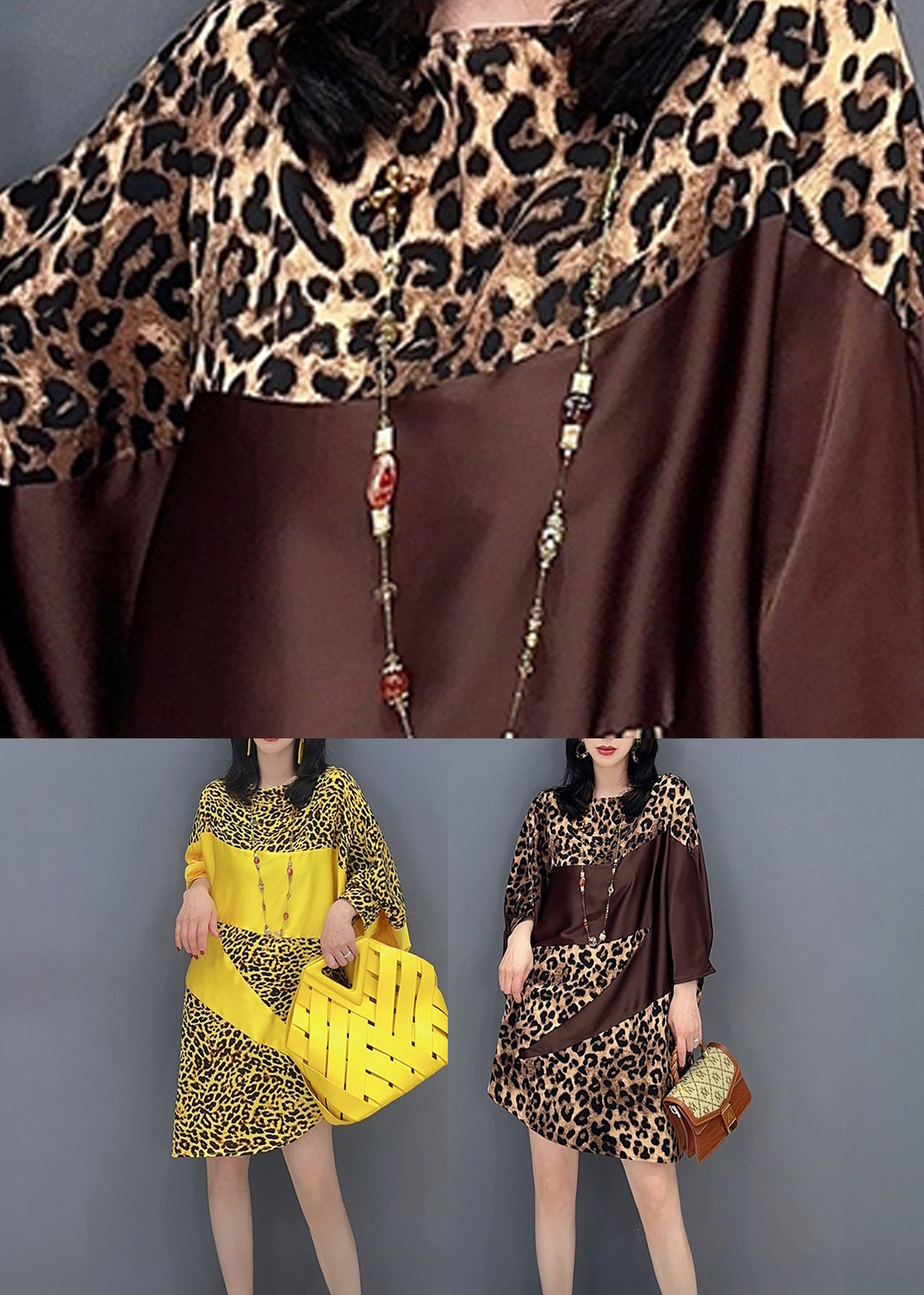 Yellow Leopard Patchwork Long Dresses Long Sleeve LC0297 - fabuloryshop