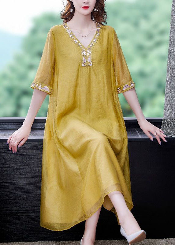 Yellow Linen A Line Dress Embroideried Exra Large Hem Summer LY0532 - fabuloryshop