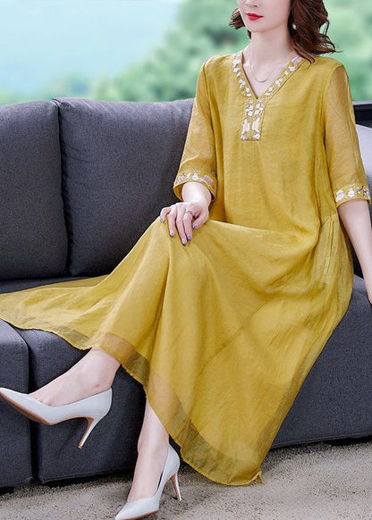 Yellow Linen A Line Dress Embroideried Exra Large Hem Summer LY0532 - fabuloryshop