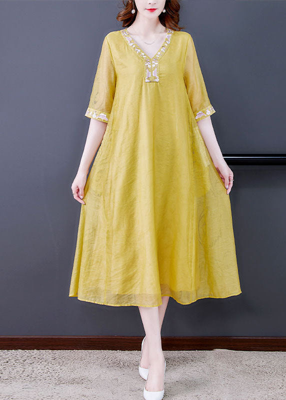 Yellow Linen A Line Dress Embroideried Exra Large Hem Summer LY0532 - fabuloryshop