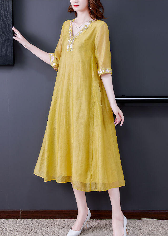 Yellow Linen A Line Dress Embroideried Exra Large Hem Summer LY0532 - fabuloryshop