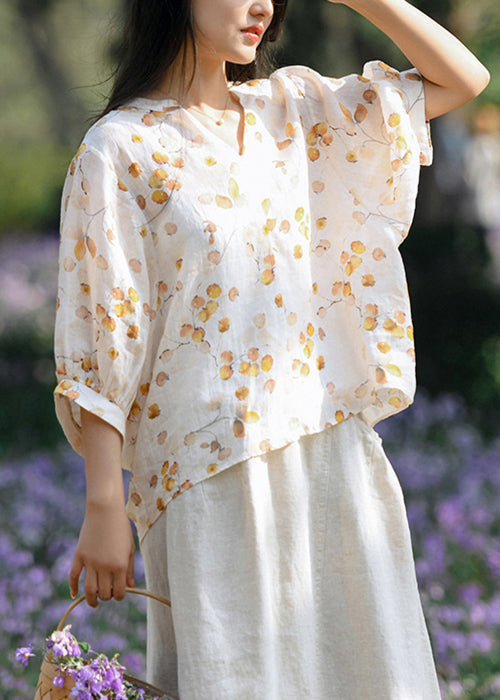 Yellow Low High Design Patchwork Linen Shirts V Neck Summer Ada Fashion