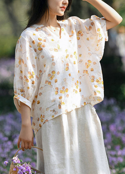 Yellow Low High Design Patchwork Linen Shirts V Neck Summer Ada Fashion