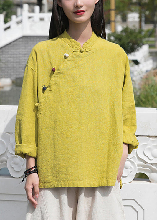 Yellow Low High Design Patchwork Linen Tops Stand Collar Long Sleeve Ada Fashion