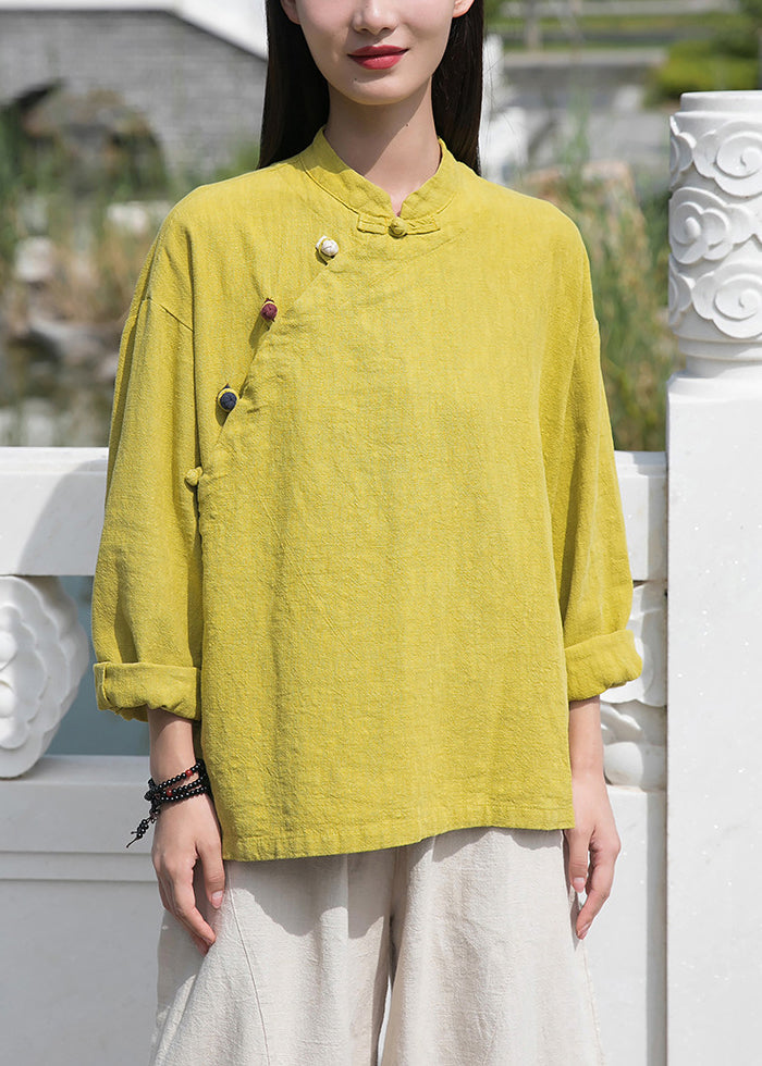 Yellow Low High Design Patchwork Linen Tops Stand Collar Long Sleeve Ada Fashion