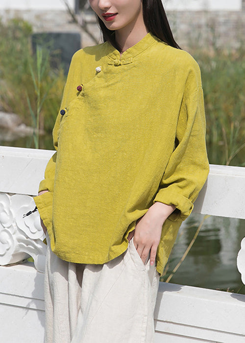 Yellow Low High Design Patchwork Linen Tops Stand Collar Long Sleeve Ada Fashion