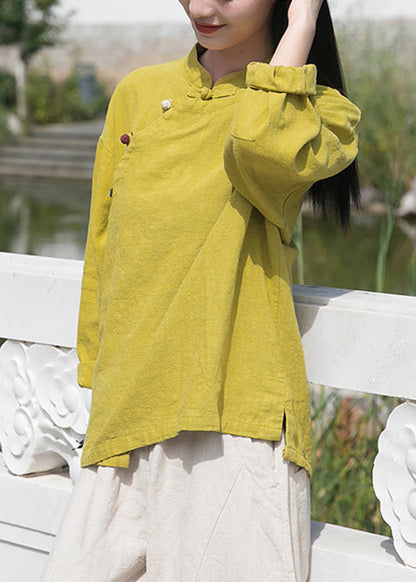 Yellow Low High Design Patchwork Linen Tops Stand Collar Long Sleeve Ada Fashion