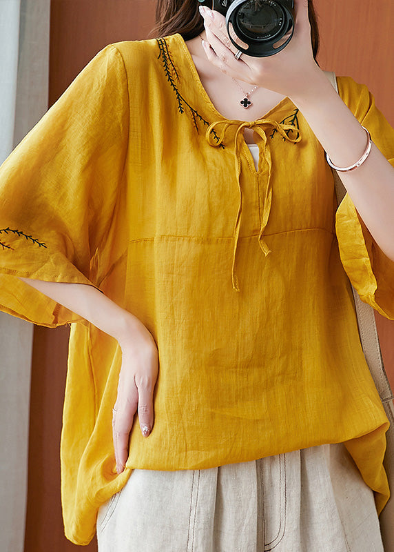 Yellow O-Neck Patchwork Solid Shirts Half Sleeve LY6227 - fabuloryshop