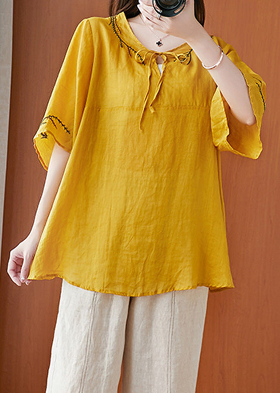 Yellow O-Neck Patchwork Solid Shirts Half Sleeve LY6227 - fabuloryshop