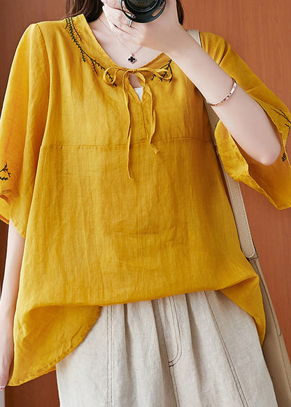 Yellow O-Neck Patchwork Solid Shirts Half Sleeve LY6227 - fabuloryshop