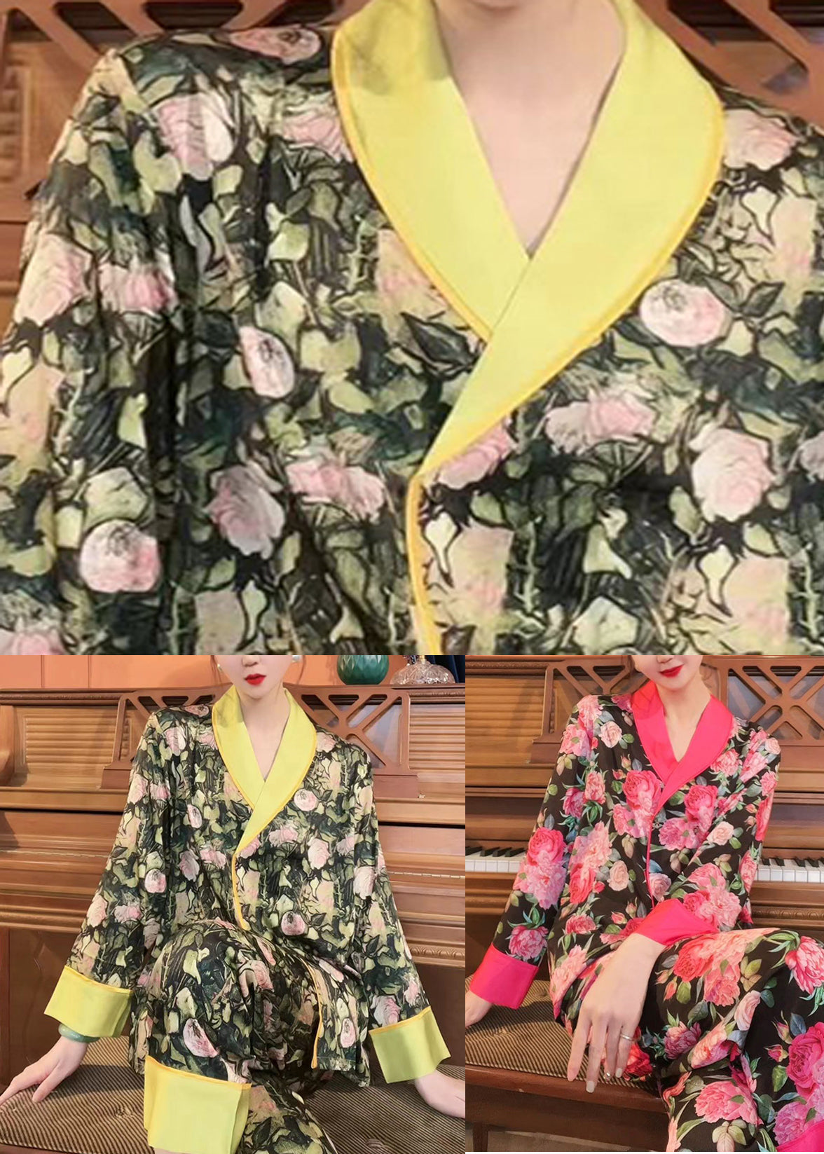 Yellow Patchwork Button Ice Silk PajamasTwo Pieces Set Long Sleeve TO1034 - fabuloryshop