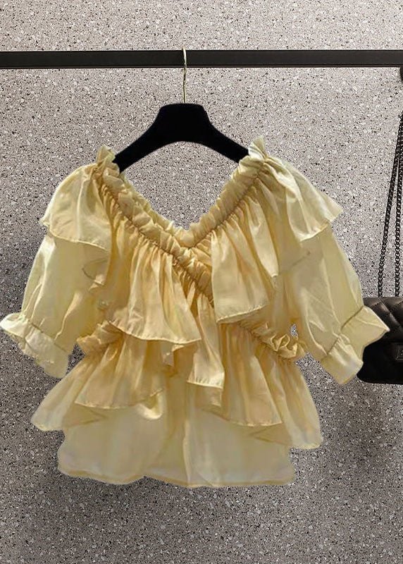 Yellow Patchwork Chiffon Blouses Ruffled V Neck Summer LY0613 - fabuloryshop