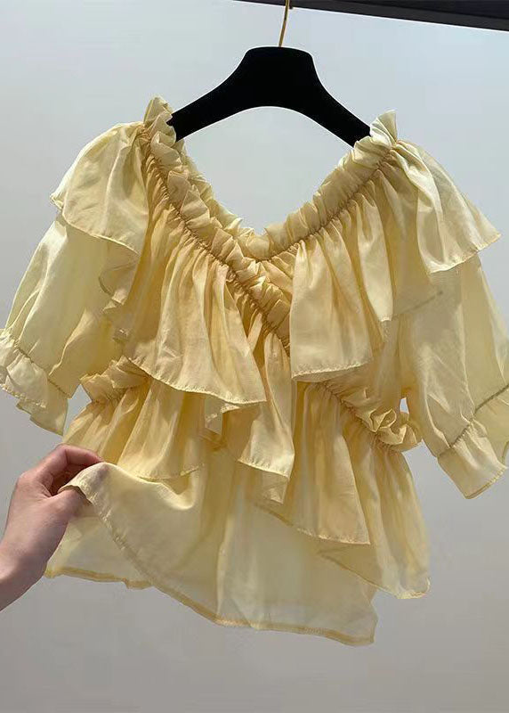 Yellow Patchwork Chiffon Blouses Ruffled V Neck Summer LY0613 - fabuloryshop