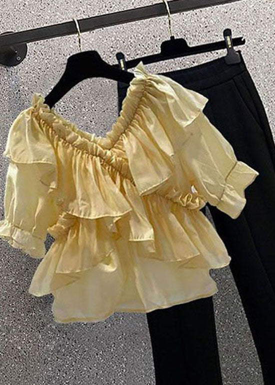 Yellow Patchwork Chiffon Blouses Ruffled V Neck Summer LY0613 - fabuloryshop