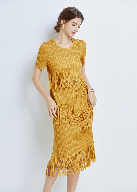 Yellow Patchwork Chiffon Loose Long Dresses O Neck Tasseled Summer LY7407 - fabuloryshop