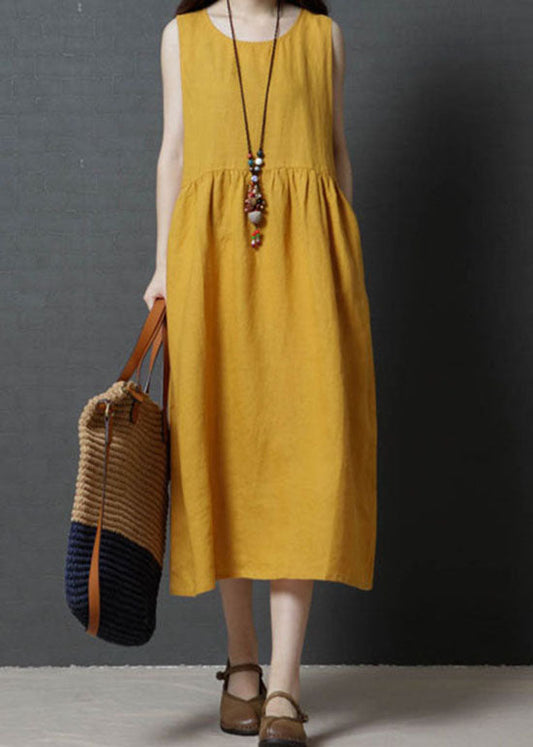 Yellow Patchwork Cotton Long Dress O Neck Wrinkled Sleeveless LC0451 - fabuloryshop