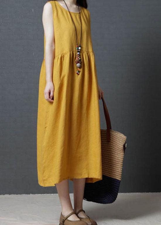 Yellow Patchwork Cotton Long Dress O Neck Wrinkled Sleeveless LC0451 - fabuloryshop