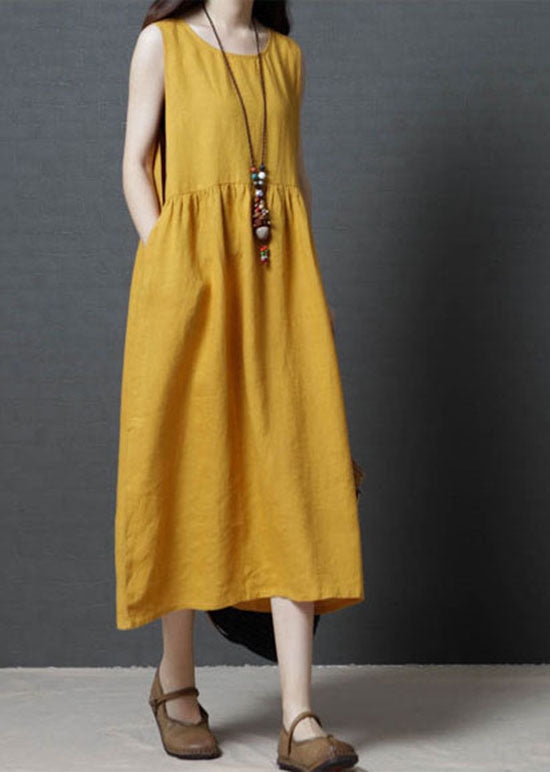 Yellow Patchwork Cotton Long Dress O Neck Wrinkled Sleeveless LC0451 - fabuloryshop