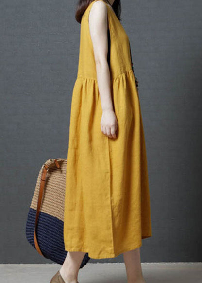 Yellow Patchwork Cotton Long Dress O Neck Wrinkled Sleeveless LC0451 - fabuloryshop