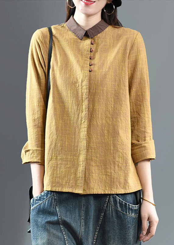 Yellow Patchwork Cotton Top Peter Pan Collar Button Spring LY6265 - fabuloryshop