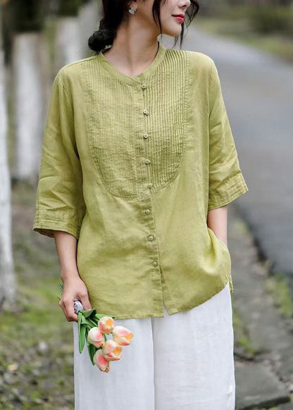 Yellow Patchwork Linen Blouses Button Wrinkled Bracelet Sleeve Ada Fashion