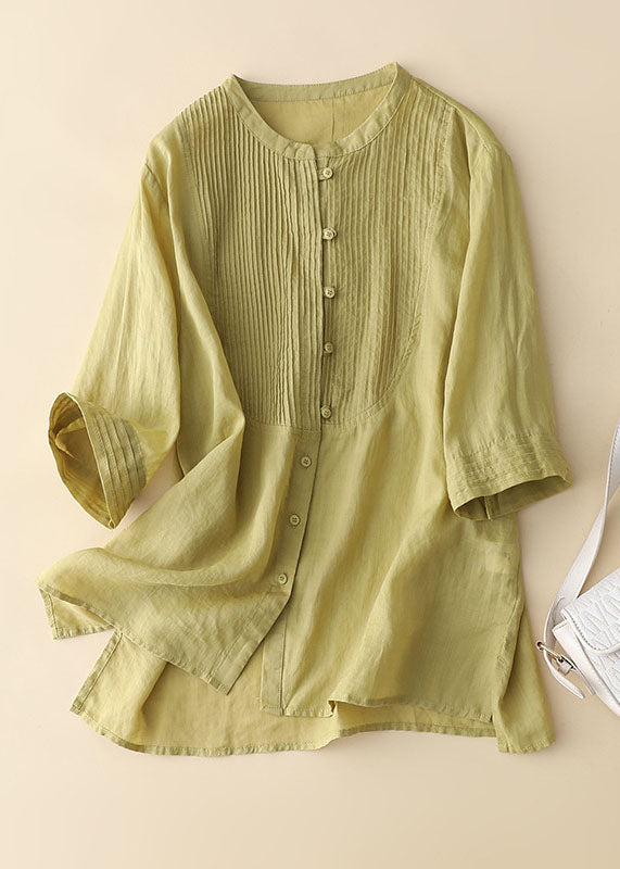 Yellow Patchwork Linen Blouses Button Wrinkled Bracelet Sleeve Ada Fashion