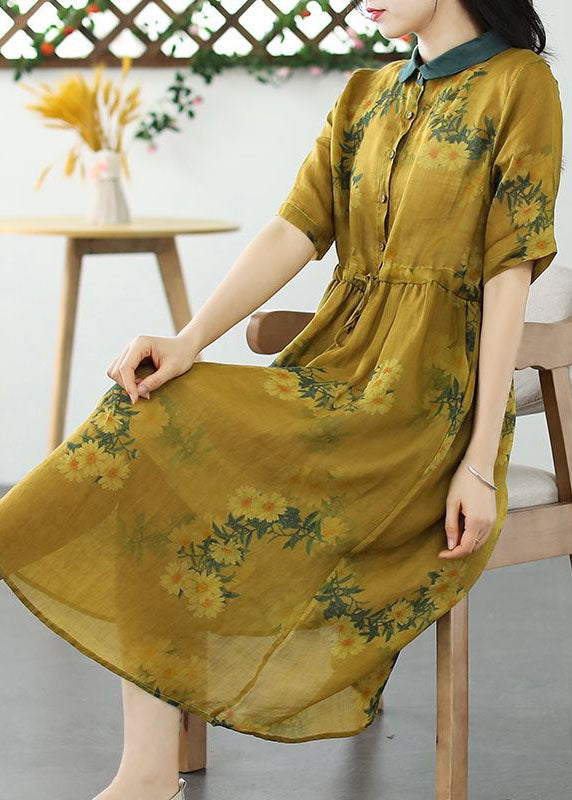 Yellow Patchwork Linen Dress Peter Pan Collar Drawstring Summer LY2528 - fabuloryshop