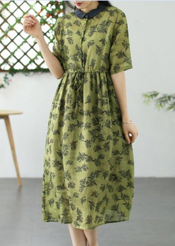 Yellow Patchwork Linen Dress Peter Pan Collar Drawstring Summer LY2528 - fabuloryshop