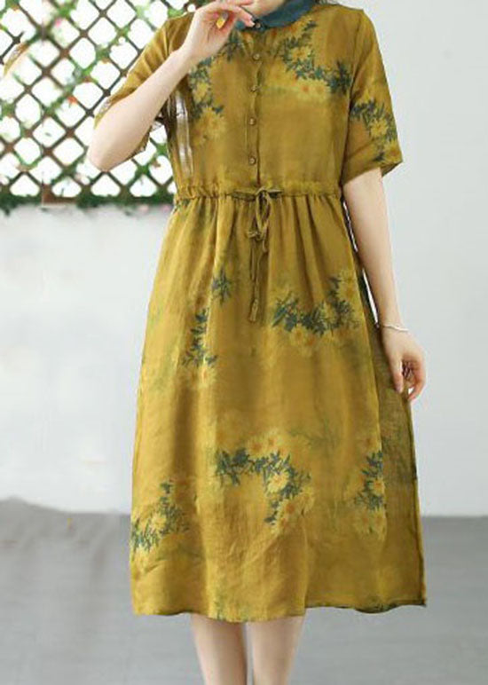 Yellow Patchwork Linen Dress Peter Pan Collar Drawstring Summer LY2528 - fabuloryshop