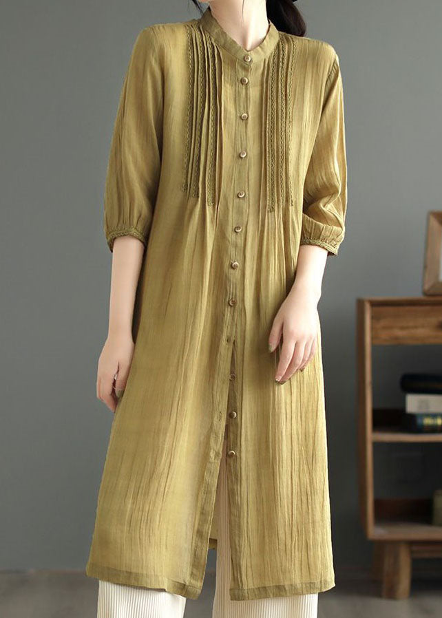 Yellow Patchwork Linen Shirts Dresses Stand Collar Button Summer LY2514 - fabuloryshop