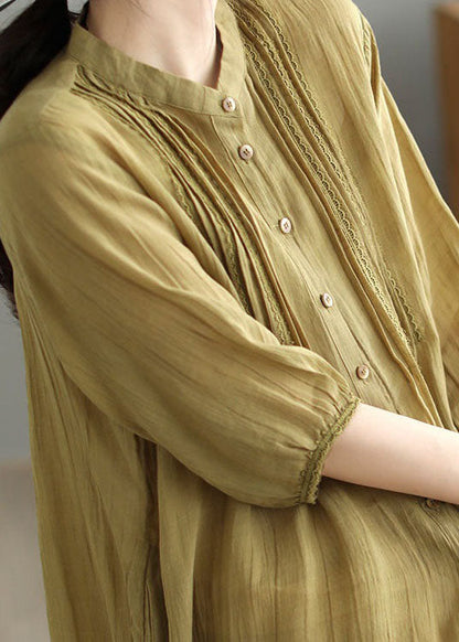 Yellow Patchwork Linen Shirts Dresses Stand Collar Button Summer LY2514 - fabuloryshop