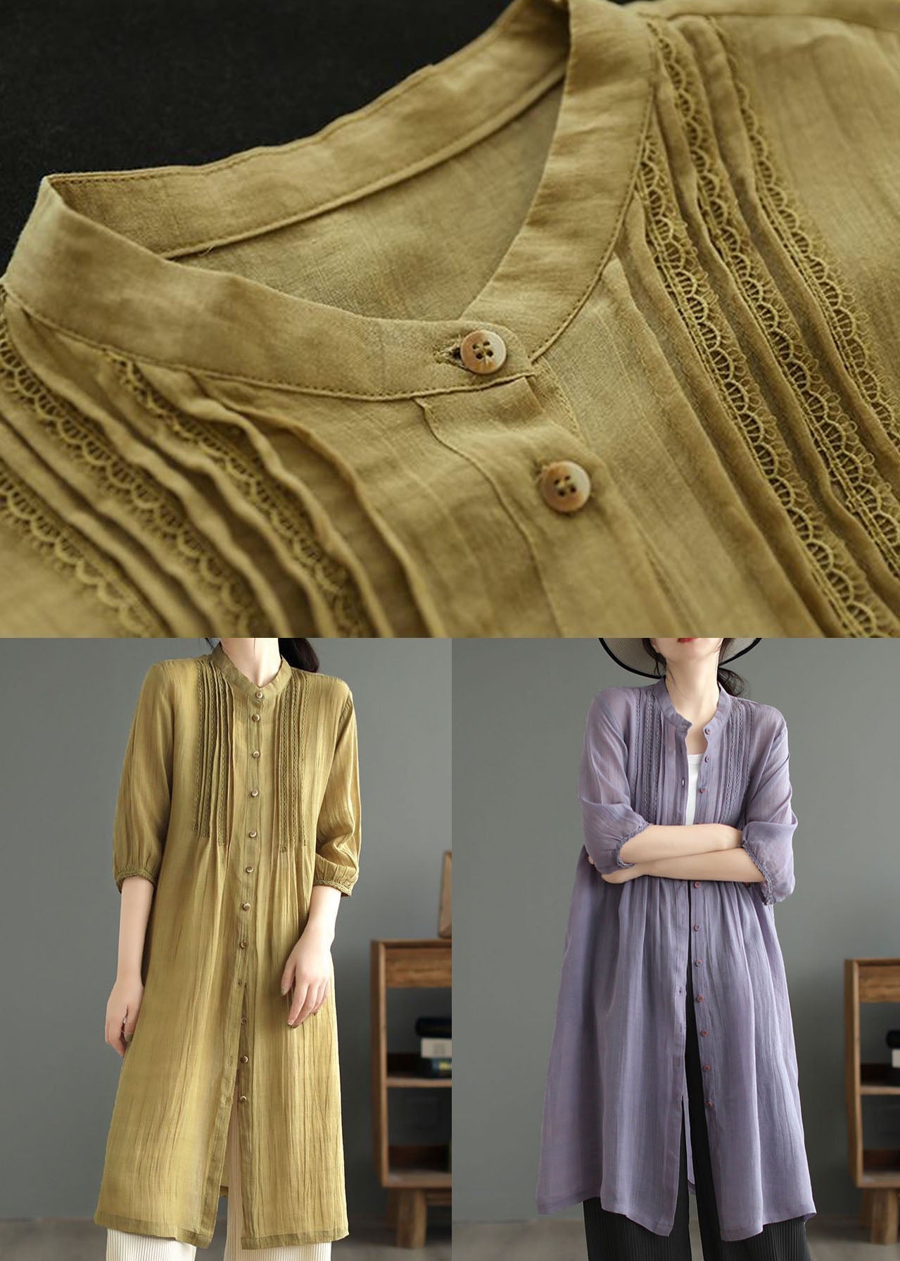 Yellow Patchwork Linen Shirts Dresses Stand Collar Button Summer LY2514 - fabuloryshop