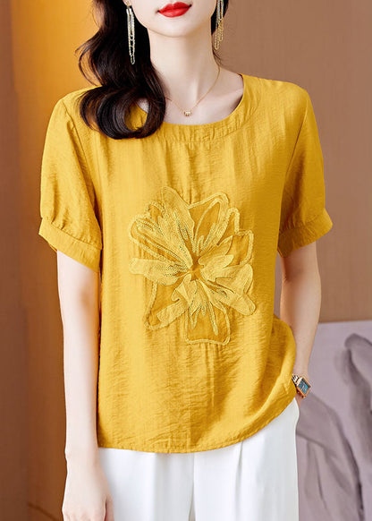 Yellow Patchwork Linen T Shirt Embroideried Wrinkled Summer LY0464 - fabuloryshop