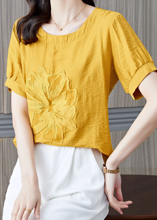 Yellow Patchwork Linen T Shirt Embroideried Wrinkled Summer LY0464 - fabuloryshop