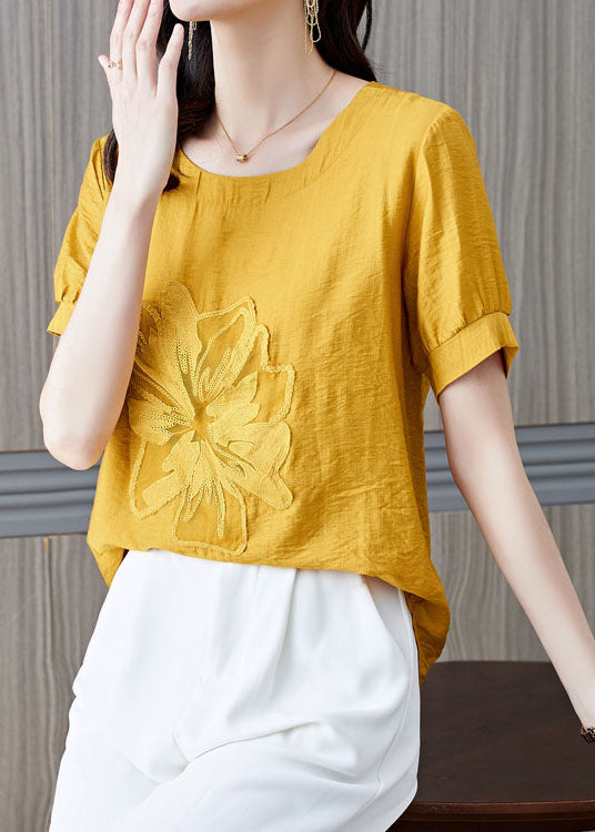 Yellow Patchwork Linen T Shirt Embroideried Wrinkled Summer LY0464 - fabuloryshop